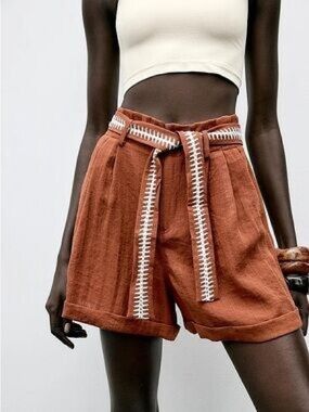 ZARA High-Waisted Bermuda Paperbag Shorts with Belt – Rust